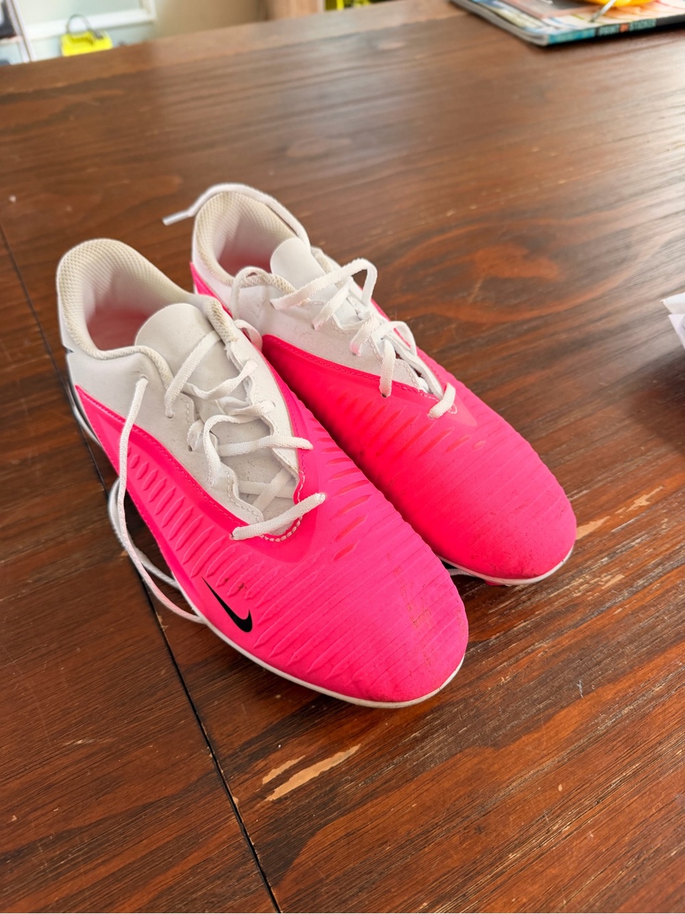 Nike Women's Hot Pink and White Soccer Cleats with Black Swoosh